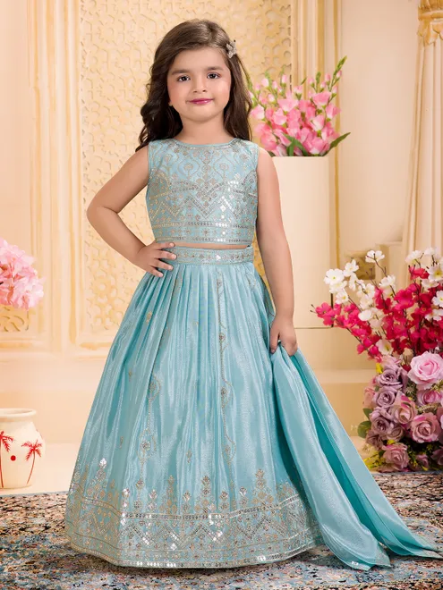 Sky blue silk embroidered lehenga choli with dupatta