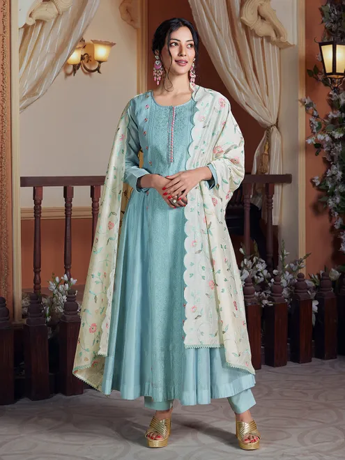 Sky blue silk embroidered salwar suit with dupatta
