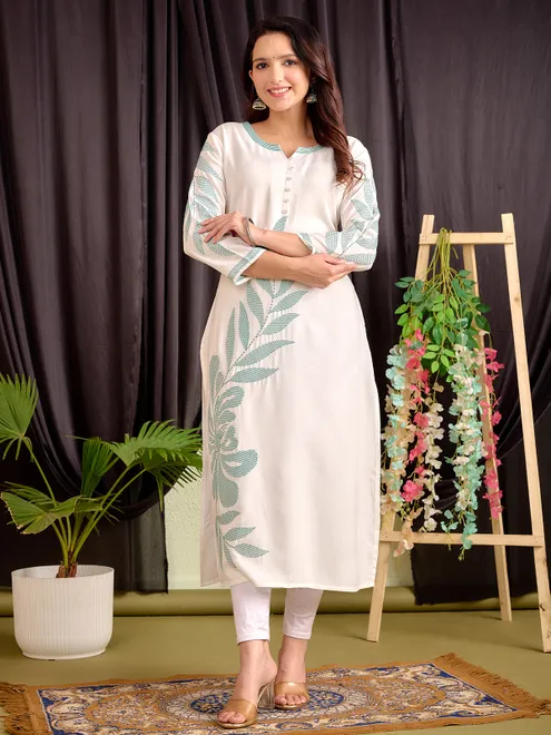 Sky blue silk embroidery kurti for women