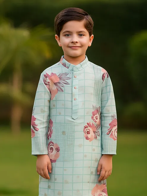 Sky blue silk festive wear kurta suit for boys