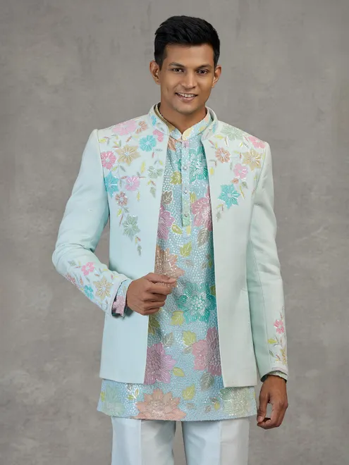 Sky blue silk Indowestern set for reception wear