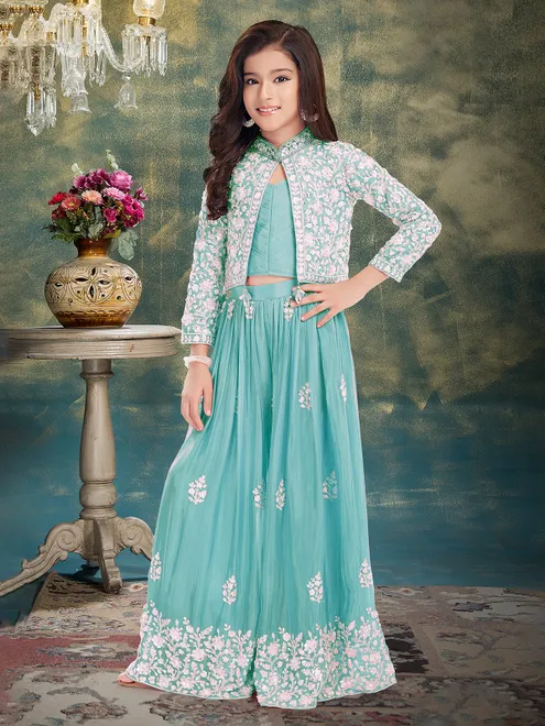 Sky blue silk jacket style embroidered palazzo suit