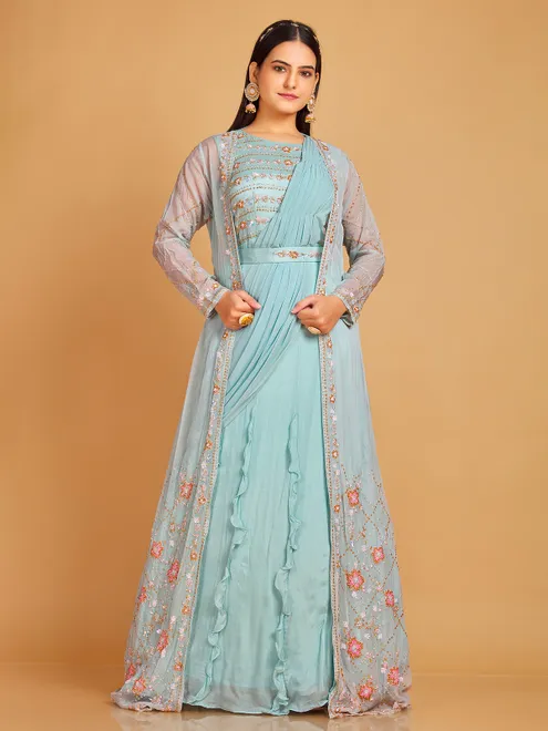 Sky blue silk jacket style floor length suit