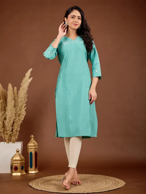 Sky blue silk kurti with simple and elegant work