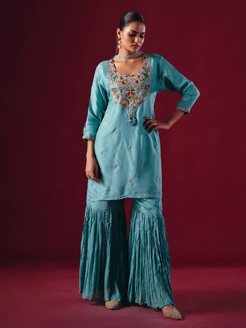 Sky blue silk pakistani sharara suit