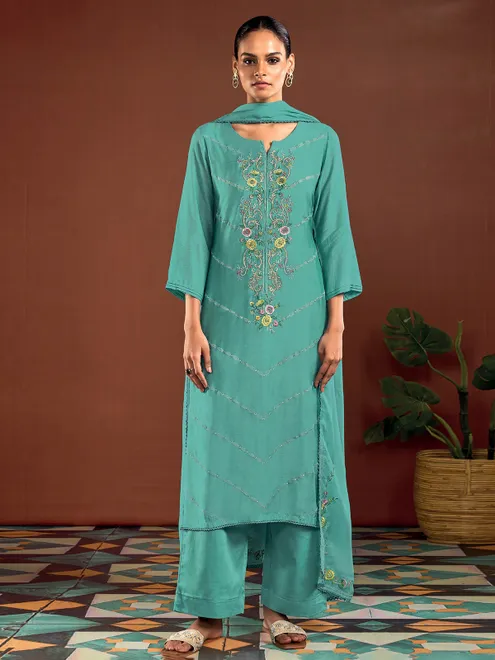 Sky blue silk palazzo suit with dupatta