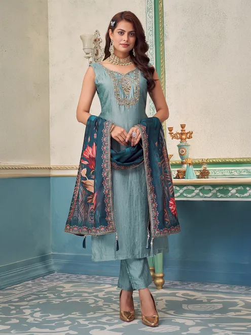 Sky blue silk salwar suit with sweetheart neck