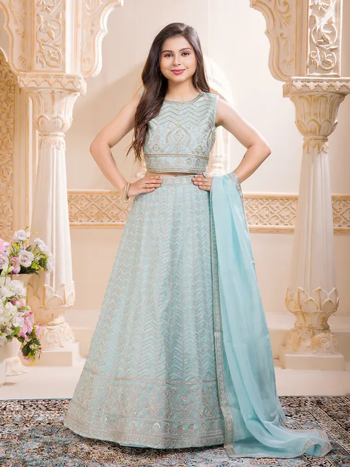 Sky blue silk stone embellished sleeveless lehenga choli