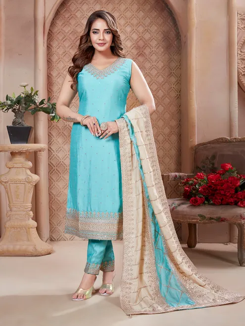 Sky blue silk v neck salwar suit for wedding wear