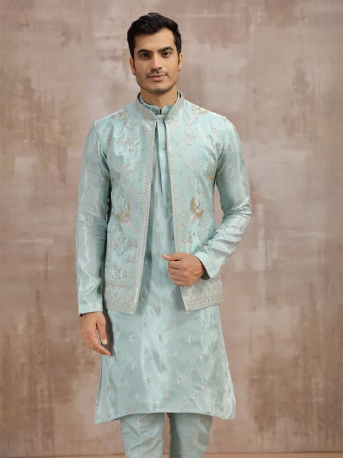 Sky blue silk waistcoat set with sequins detailing