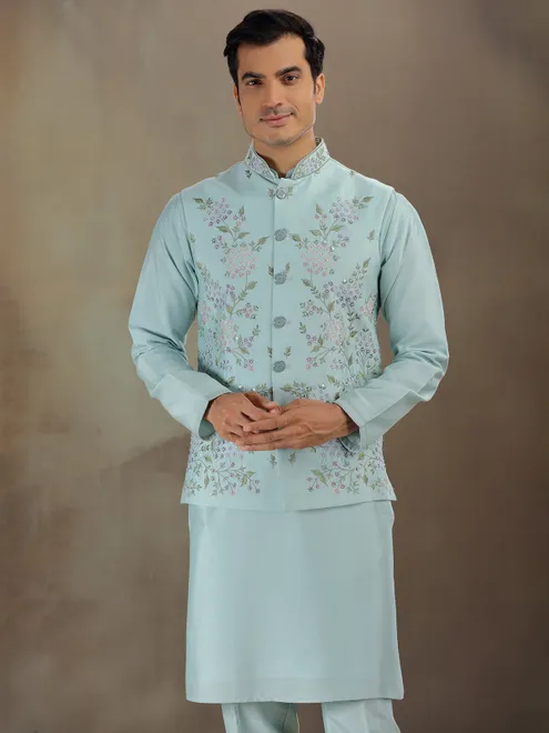 Sky blue silk wedding wear waistcoat set for men