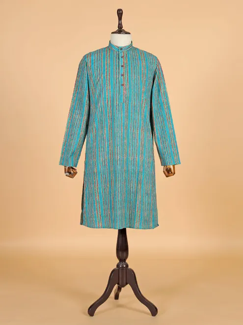 Sky blue stripe cotton kurta set with mandarin neck