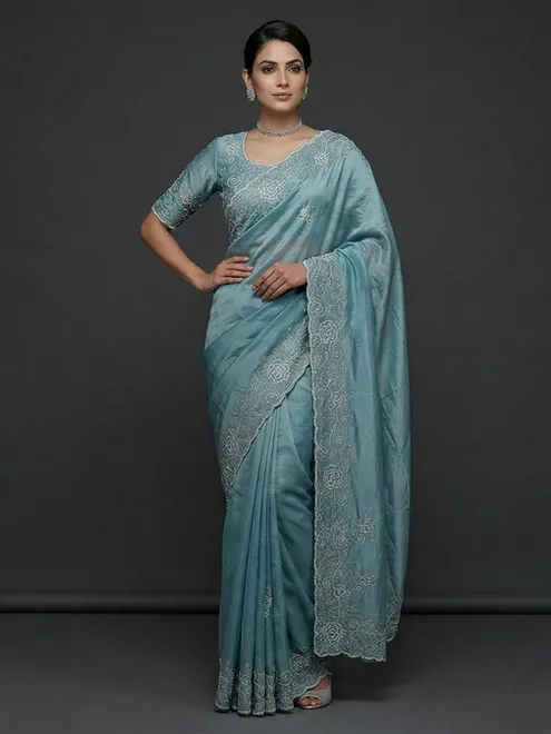 Sky blue tissue organza stylish reception party saree