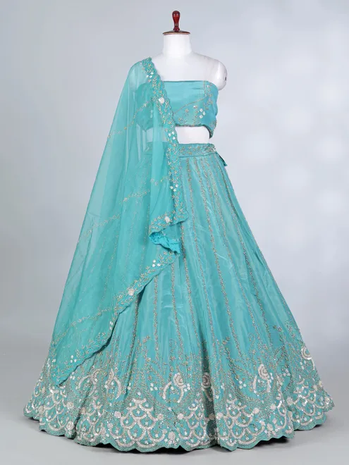 Sky blue tissue silk pearl and cutdana lehenga choli