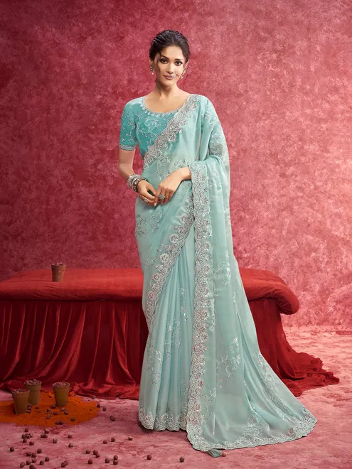 Sky blue tissue silk saree for festivals