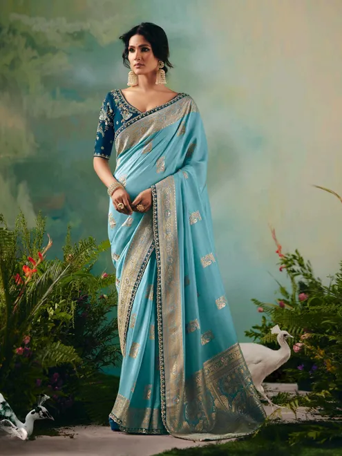 Sky blue viscose dola silk saree for wedding wear