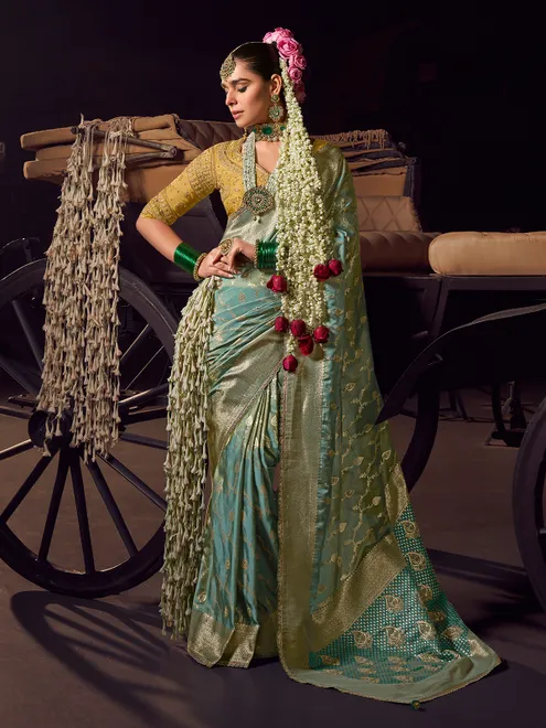 Sky blue viscose tissue silk saree for festive wear