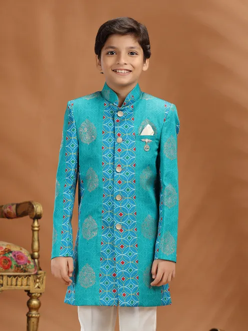 Sky blue zari printed silk boys indo western outfit