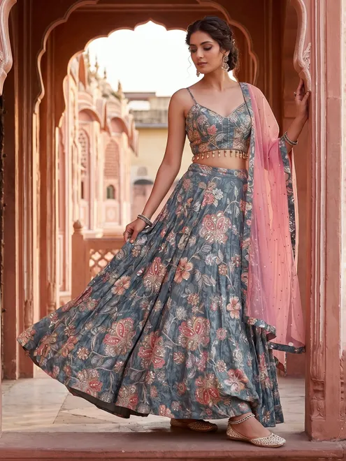 Slate grey pink festive lehenga choli