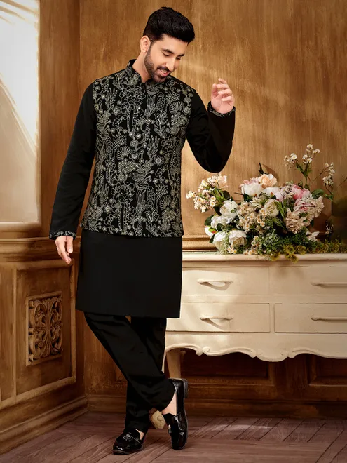Sleek black resham waistcoat set for the modern gentleman
