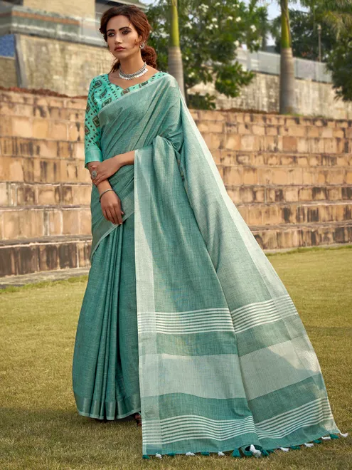 Soft linen silk sea green saree