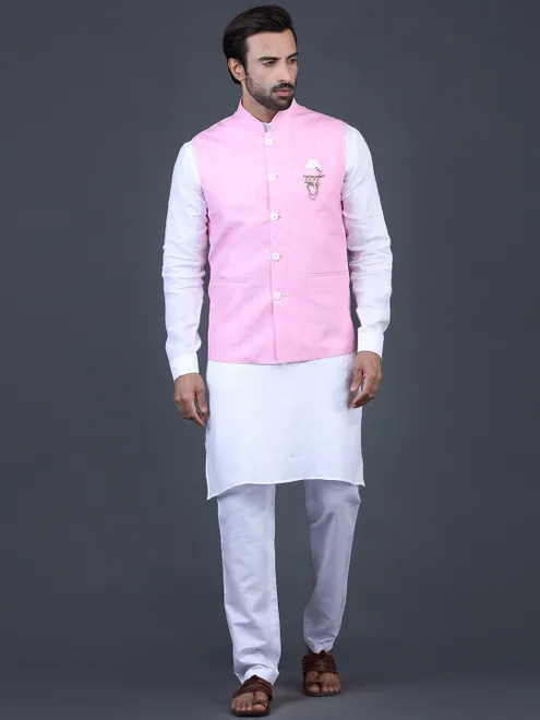 Solid pink linen mens waistcoat set