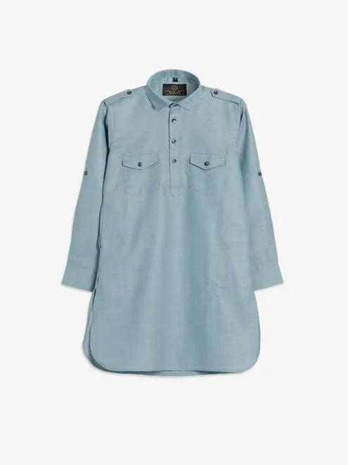 Solid plain blue cotton pathani suit