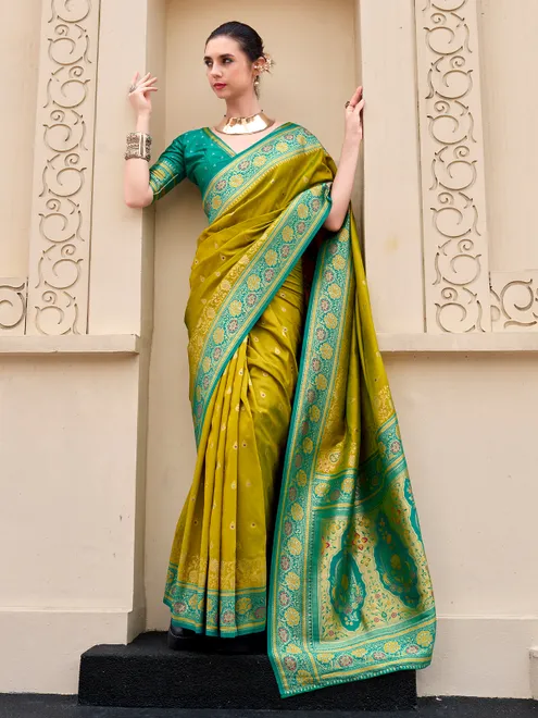 Sophisticated olive banarasi silk zari saree