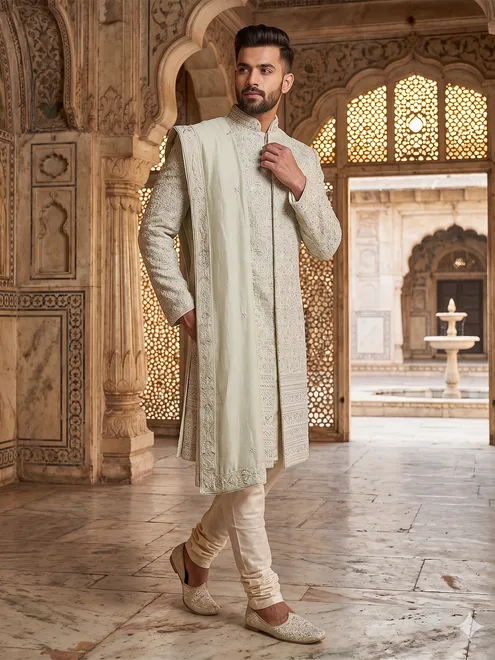 Sophisticated pista green jacquard silk full sleeves sherwani