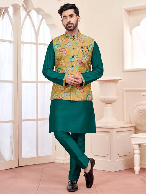 Sophisticated rama green silk waistcoat set for men