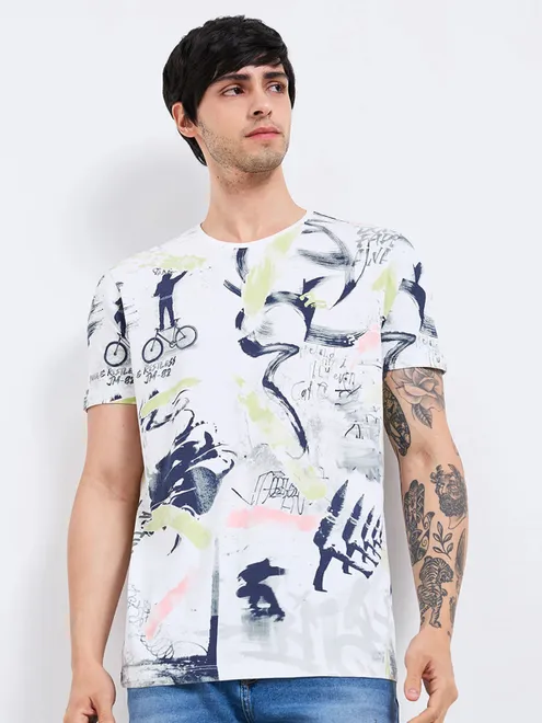 SPYKAR printed white cotton t-shirt for men