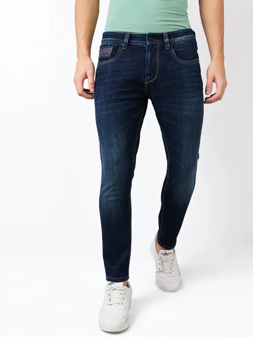 SPYKAR washed dark navy slim fit denim jeans for men