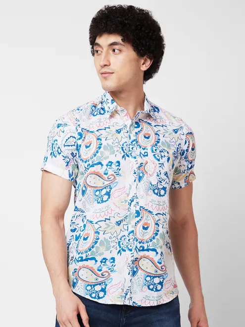 SPYKAR white and blue printed cotton shirt