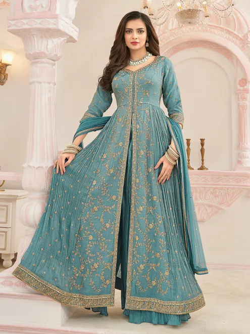 Stone blue chiffon palazzo suit for wedding