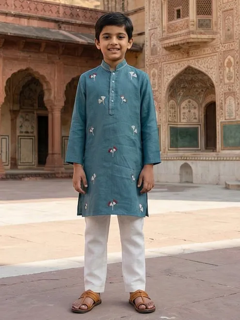 Stone blue cotton linen thread work festive boys kurta set