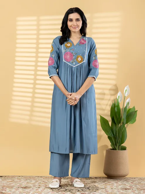 Stone blue cotton silk embroidered kurti pant set