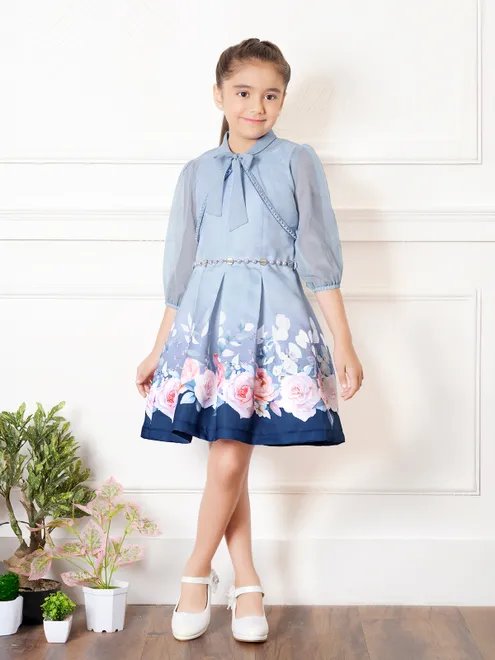 Stone blue cotton silk printed jacket frock with belt