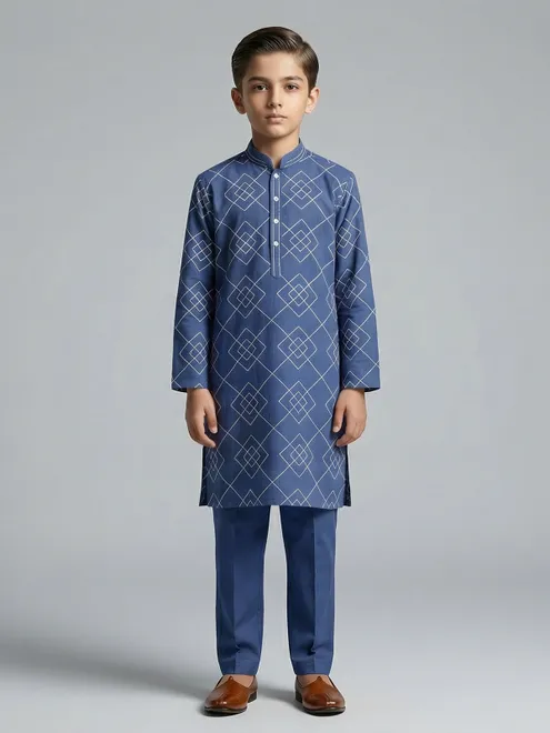 Stone blue cotton thread work festive kurta suit
