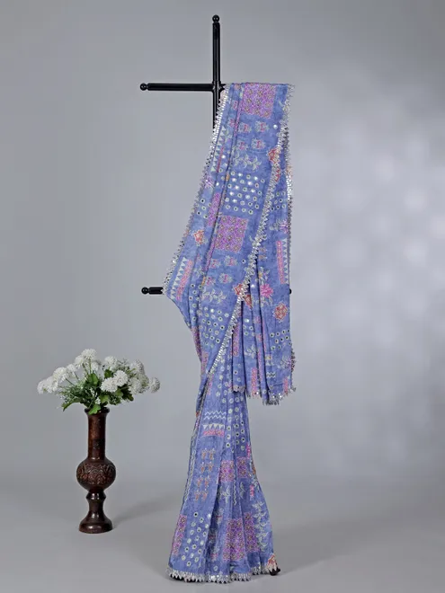 Stone blue crepe silk wedding wear saree