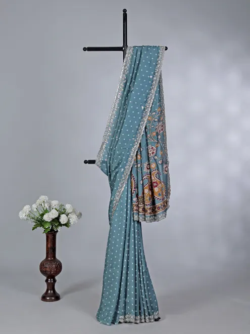 Stone blue gaji silk wedding wear saree