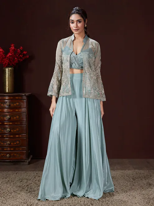 Stone blue jacket style silk palazzo suit