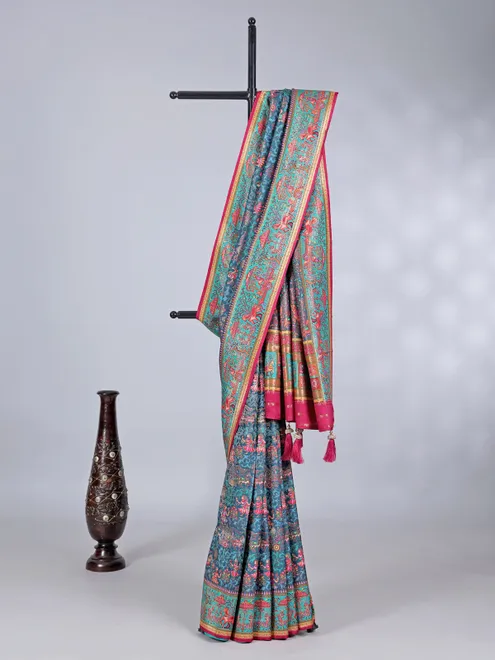 Stone blue pashmina silk saree with motif work