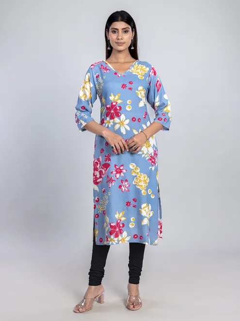 Stone blue printed cotton kurti for casual