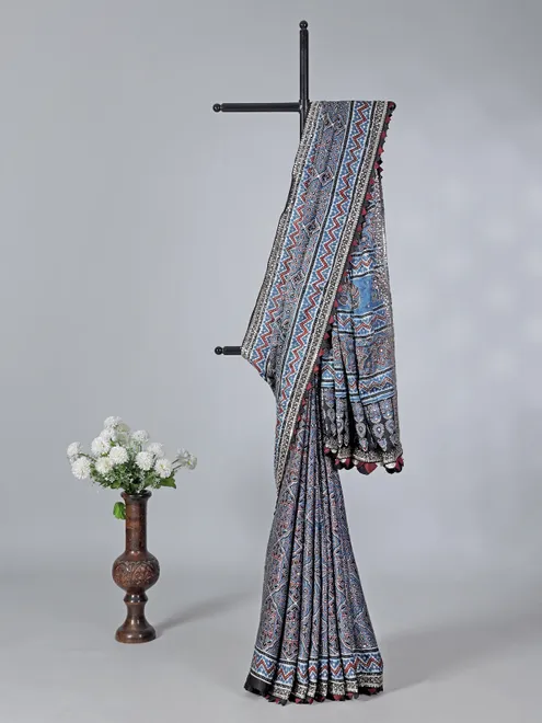 Stone blue printed satin silk festive wear saree