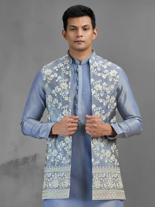 Stone blue silk embroidered mens waistcoat set