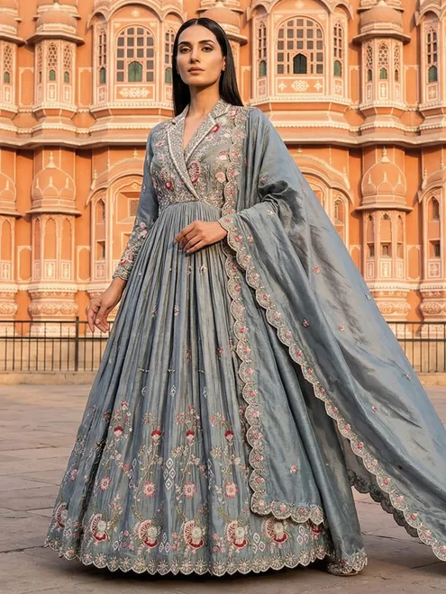 Stone blue silk embroidery anarkali suit