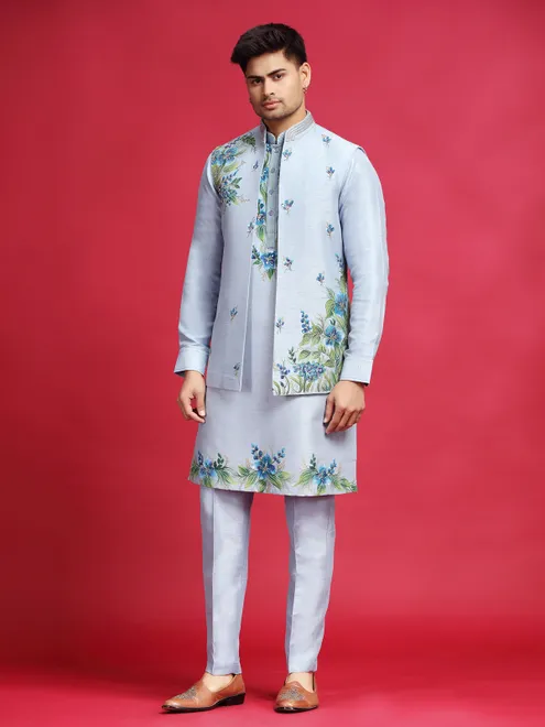 Stone blue silk printed waistcoat set for men