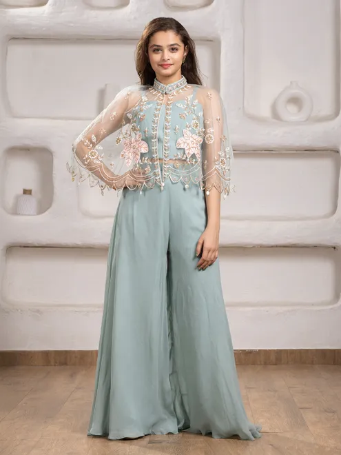 Stone blue silk with jacket designer suit