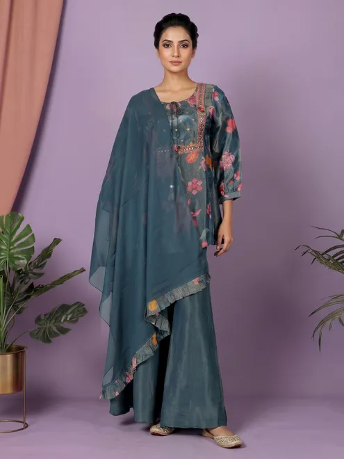 Stone blue silk yoke style palazzo suit