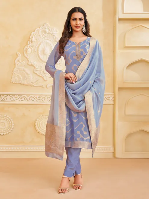 Stone blue zari worked salwar suit in chiffon